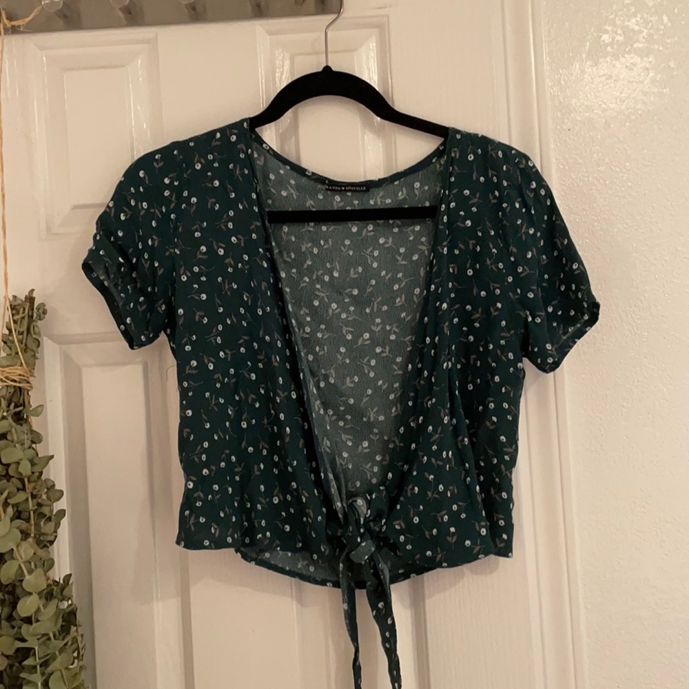Green, floral wrap shirt
